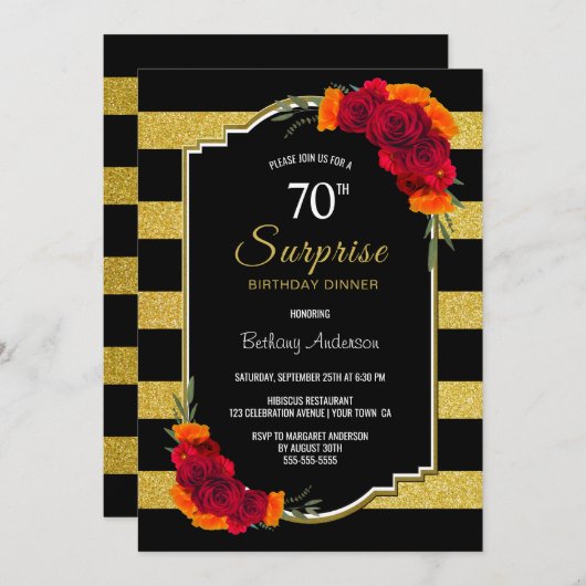 サプライズ70th誕生日ディナーブラック金ゴールド ストライプの 招待状 (正面/裏面)