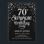 サプライズ70th誕生日パーティー – シルバー&ブラック 招待状<br><div class="desc">誕生日パーティーの招待状70日。エレガントデザインは黒とグリッター銀でフェイクす。スクリプトスタイリッシュのフォントと紙吹雪の機能。メッセージもしメッセージはカスタム年齢。</div>
