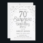 サプライズ70th誕生日パーティー – シルバー&ホワイト 招待状<br><div class="desc">誕生日パーティーの招待状70日。白エレガントとグリッター銀のフェイクデザイン。スクリプトスタイリッシュのフォントと紙吹雪の機能。メッセージもしメッセージはカスタム年齢。</div>