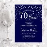 サプライズ70th誕生日パーティー – ネイビーシルバー 招待状<br><div class="desc">誕生日パーティーの招待状70日。ネイビーエレガントブルーとグリッターシルバーのフェイクデザイン。スクリプトフォントとダイヤモンド紙吹雪の機能。応援70年！メッセージもしの詳細なカスタマイズが必要。</div>