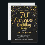 サプライズ70th誕生日パーティー – ブラック&金ゴールド 招待状<br><div class="desc">誕生日パーティーの招待状70日。黒エレガント色のデザインとフェイクグリッター金ゴールド。スクリプトスタイリッシュのフォントと紙吹雪の機能。メッセージもしメッセージはカスタム年齢。</div>