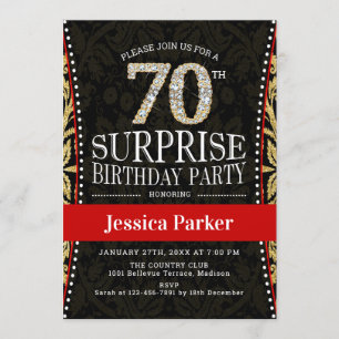 サプライズ70th誕生日パーティー – 金ゴールドブラック赤 招待状