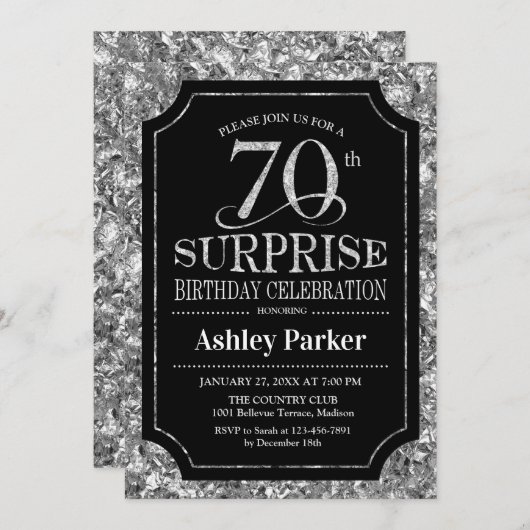サプライズ70th誕生日パーティー – Silver Black 招待状 (正面/裏面)