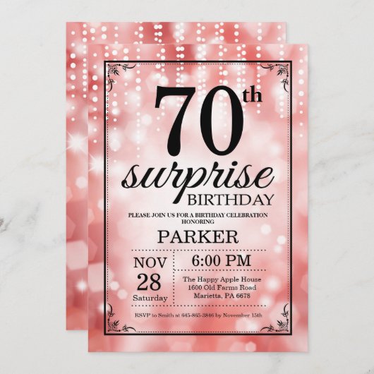 サプライズ70th誕生日招待状レッドグリッター 招待状 (正面/裏面)