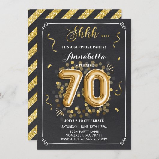 サプライズ70th誕生日招待状金ゴールドChalkboard 招待状 (正面/裏面)