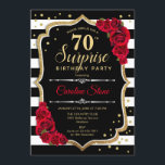サプライズ70th誕生日-白黒赤 招待状<br><div class="desc">サプライズ70th誕生日招待状。フェミニン黒、白、赤のデザインとフェイクグリッター金ゴールド。白黒の、赤ストライプいバラ、スクリプトフォント、紙吹雪を備えている。エレガントな誕生日パーティーに最適。任意のパーソナライズされた年齢を示すことができる。メッセージもしの詳細なカスタマイズが必要。</div>