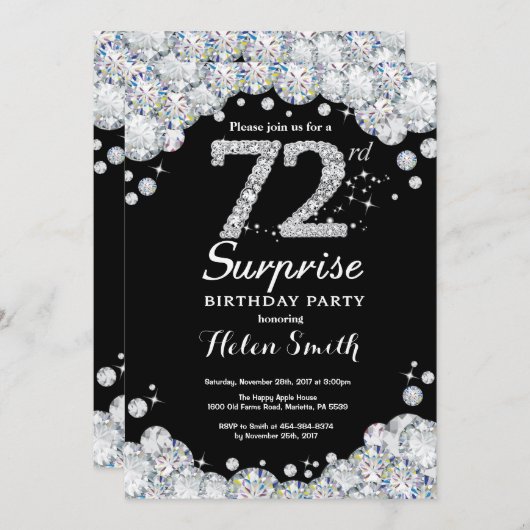 サプライズ72誕生日招待状シルバーダイヤモンド 招待状 (正面/裏面)