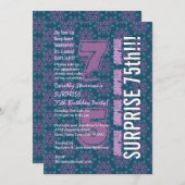 サプライズ75歳 現代の誕生日 パープルとターコイズ G538 招待状 (正面/裏面)