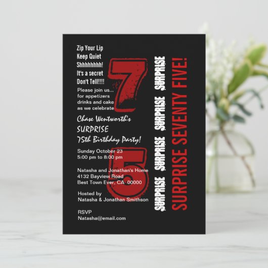 サプライズ75番目の誕生日レッモダンド白黒W200 招待状 (スタンド正面)