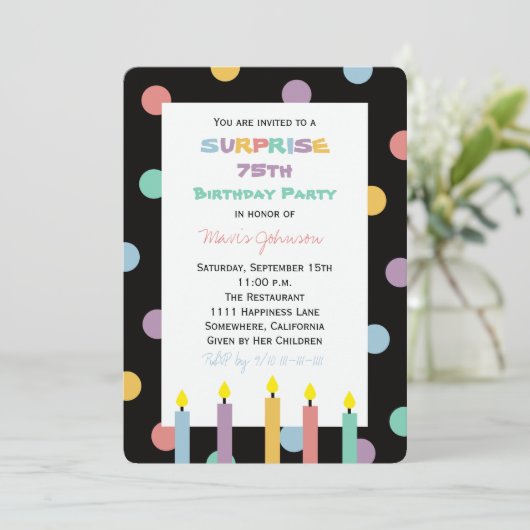 サプライズ75th誕生日パーティカラフルーとおもしろい 招待状 (スタンド正面)