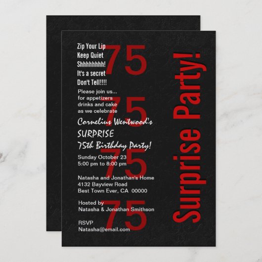 サプライズ75th誕生日白黒レッドバーB04 招待状 (正面/裏面)