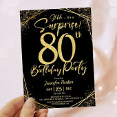 サプライズ80歳の誕生日パーティー ブラック＆ゴールドグリッター 招待状