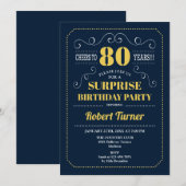 サプライズ80歳の誕生日 - ネイビーブルー ゴールド 招待状 (正面/裏面)