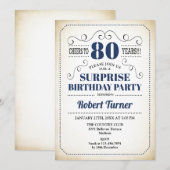 サプライズ80歳の誕生日 - ネイビーブルー ホワイト ブラック 招待状 (正面/裏面)