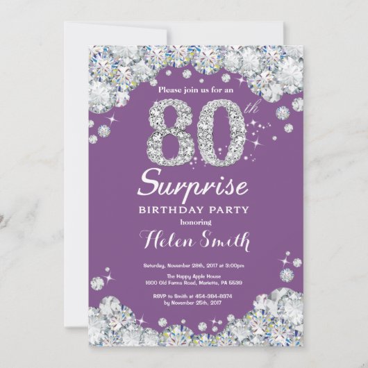 サプライズ80歳の誕生日 パープルとシルバーのダイヤモンド 招待状 (正面)
