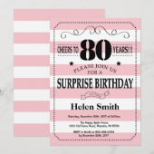 サプライズ80歳の誕生日 ピンクと白のストライプ 招待状 (正面/裏面)