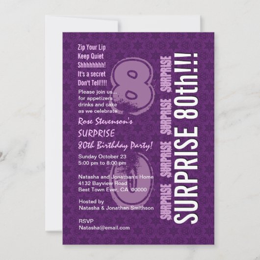 サプライズ80歳 現代風 誕生日 パープル G539 招待状 (正面)