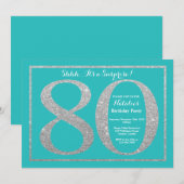 サプライズ80誕生日ティール（緑がかった色）とシルバーグリッター 招待状 (正面/裏面)