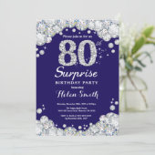 サプライズ80誕生日ネービーブルーシルバーダイヤモンド 招待状 (スタンド正面)
