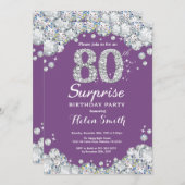 サプライズ80誕生日パープルとシルバーダイヤモンド 招待状 (正面/裏面)