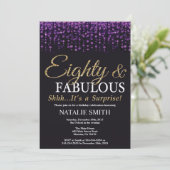 サプライズ80誕生日パープル&金ゴールドグリッター 招待状 (スタンド正面)
