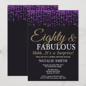 サプライズ80誕生日パープル&金ゴールドグリッター 招待状 (正面/裏面)
