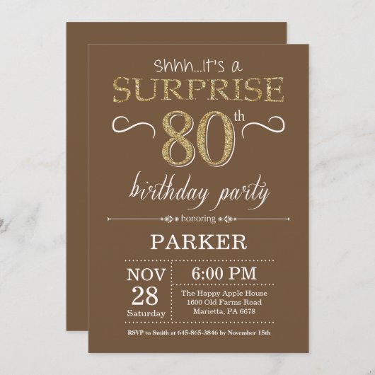サプライズ80誕生日ブラウンと金ゴールドグリッター 招待状 (正面/裏面)
