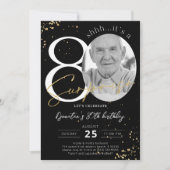 サプライズ80誕生日ブラック金ゴールド写真 招待状 (正面)