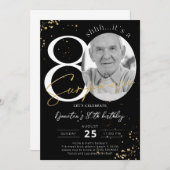 サプライズ80誕生日ブラック金ゴールド写真 招待状 (正面/裏面)