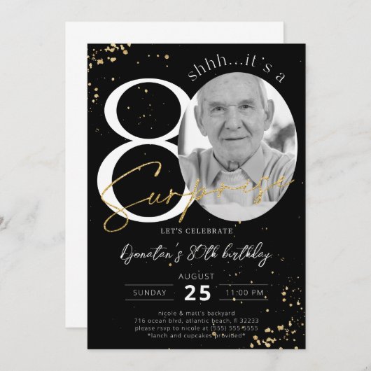 サプライズ80誕生日ブラック金ゴールド写真 招待状 (正面/裏面)
