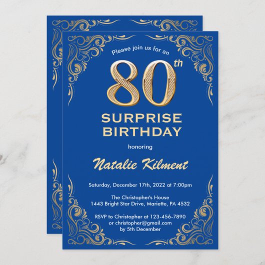 サプライズ80誕生日ブルーと金ゴールドグリッター 招待状 (正面/裏面)