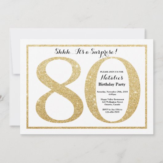 サプライズ80誕生日招待状金ゴールドグリッター 招待状 (正面)