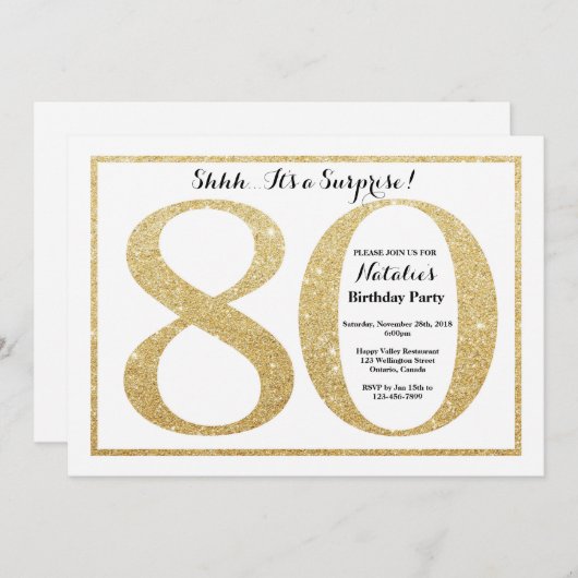 サプライズ80誕生日招待状金ゴールドグリッター 招待状 (正面/裏面)