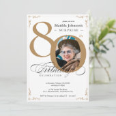 サプライズ80誕生日白金ゴールドエレガント写真 招待状 (スタンド正面)