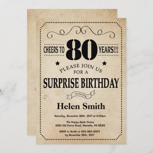 サプライズ80誕生日素朴ヴィンテージレトロ 招待状 (正面/裏面)