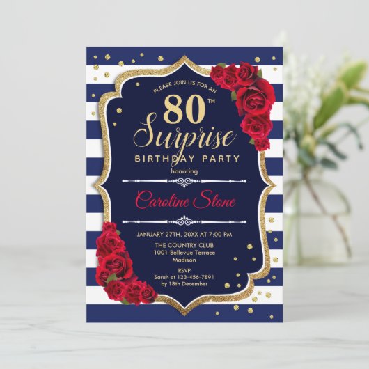 サプライズ80誕生日 – ネイビーホワイトレッド 招待状 (スタンド正面)