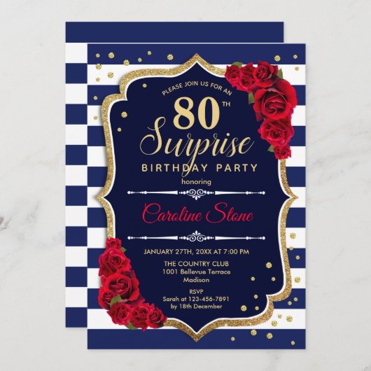 サプライズ80誕生日 – ネイビーホワイトレッド 招待状 (正面/裏面)