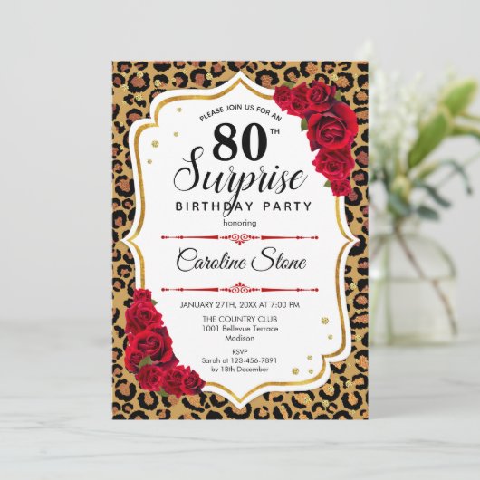 サプライズ80誕生日 – ヒョウ金ゴールドホワイトレッド 招待状 (スタンド正面)