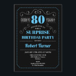 サプライズ80誕生日 – ブラックブルー 招待状<br><div class="desc">サプライズ80th誕生日招待状。レトロエレガントな黒板、青と白のデザイン。応援80年！どんなカスタマイズ年齢でも見せられるぞ！</div>