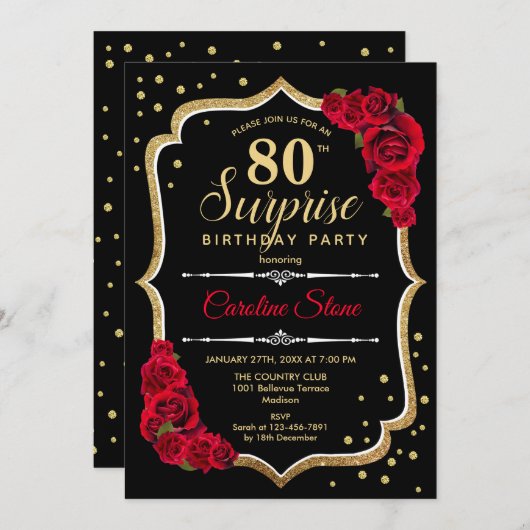 サプライズ80誕生日 – ブラック金ゴールドレッド招待状 招待状 (正面/裏面)