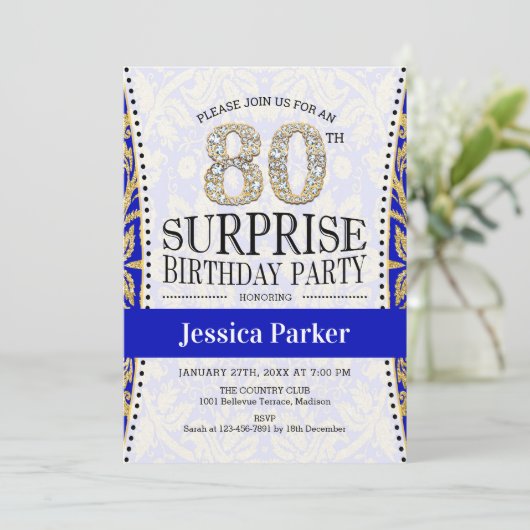 サプライズ80誕生日 – ホワイト金ゴールドブ王室のルー 招待状 (スタンド正面)