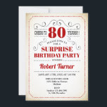 サプライズ80誕生日 – 赤白ブラック 招待状<br><div class="desc">サプライズ80誕生日招待状男性へまたは女性。レトロデザインヴィンテージクリーミーな背景を持つ赤、黒、白の。機能スタイリッシュタイポグラフィフォント。応援80年！任意のパーソナライズされた年に入ることができる。大人のマイルストースタイリッシュンデイお祝いに最適。</div>