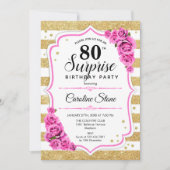 サプライズ80誕生日-金ゴールドホワイトピンク 招待状 (正面)