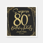 サプライズ80thバースデーパーティブラック&金ゴールドグリッター スタンダードカクテルナプキン (正面)
