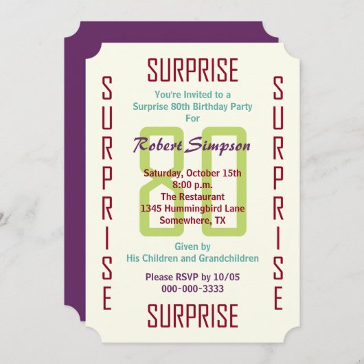 サプライズ80thバースデーパーティーチケット80 招待状 (正面/裏面)