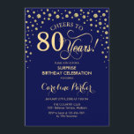 サプライズ80thバースデーパーティー – ネイビーブルー金ゴールド 招待状<br><div class="desc">誕生日パーティーの招待状80日。ネイビーエレガントブルーとグリッター金ゴールドのフェイクデザイン。スクリプトフォントとダイヤモンド紙吹雪の機能。応援80年！メッセージもしの詳細なカスタマイズが必要。</div>