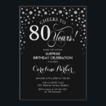 サプライズ80thバースデーパーティー – ブラックシルバー 招待状<br><div class="desc">誕生日パーティーの招待状80日。エレガントデザインは黒とグリッター銀でフェイクす。スクリプトフォントとダイヤモンド紙吹雪の機能。応援80年！メッセージもしの詳細なカスタマイズが必要。</div>