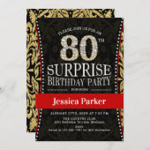 サプライズ80thバースデーパーティー – 金ゴールドブラック赤 招待状 (正面/裏面)