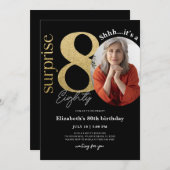 サプライズ80thブラック金ゴールド誕生日招待状写真 招待状 (正面/裏面)