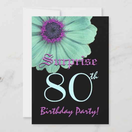 サプライズ80th誕生日テンプレートグリーンパープルデイジー 招待状 (正面)